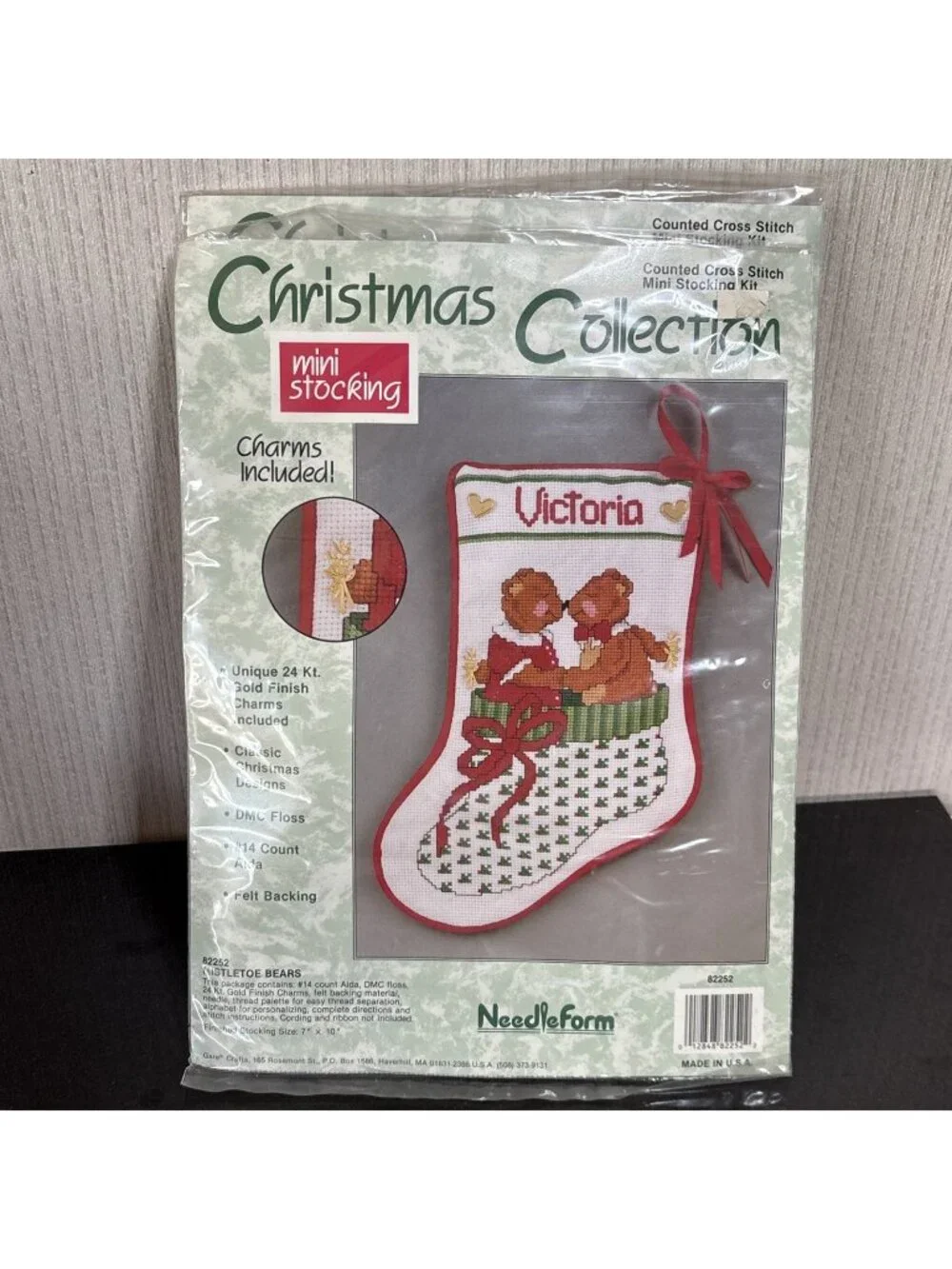 Christmas Stocking Kit Cross Stitch Mistletoe Bears Personalized Mini 24k Charm